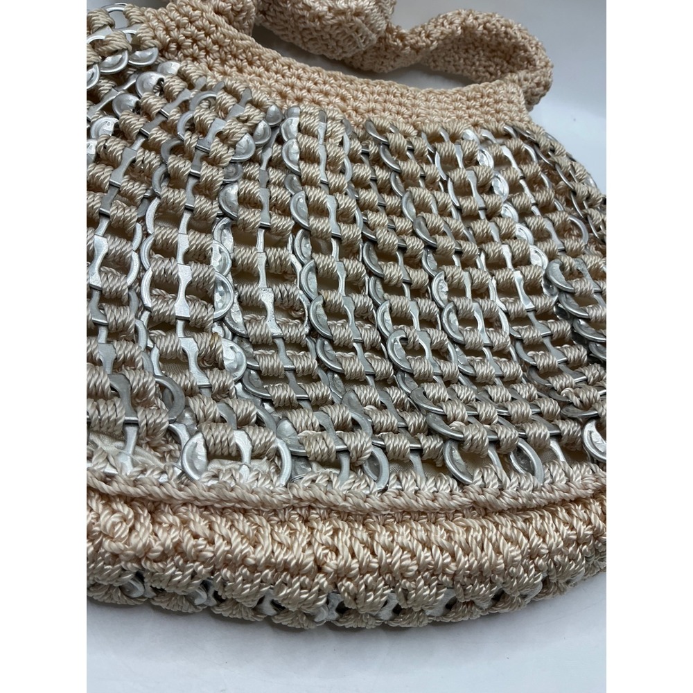 Handmade Soda Pop Tab Crochet Shoulder Bag Beige Metallic Recycled Eco Friendly - Picture 2 of 13